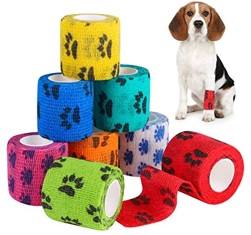AKlamater 8 Rolls Pet Vet Wrap Self Adhesive Dog Bandage Cohesive Bandages Non-woven Pet Elastic Bandages Wrap Tape for Tail Paws Wrist,Ankle Sprains&Swelling,5cm x 4.5m
