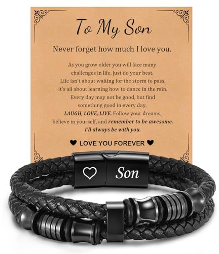 Son Gifts Mens Bracelets - Black Premium Leather Bracelet with Stainless Steel Magnetic Clasp to Men Boys, Back to School Birthday Christmas Father's Day Graduation Gift to My Son from Mum Dad