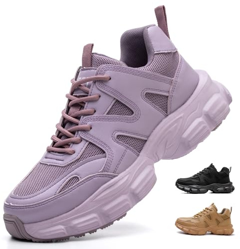 COOU Zapatos de Seguridad Mujer Zapatillas de Trabajo Ligeros Morado 37