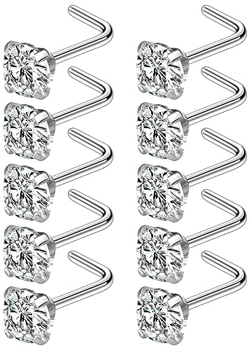 Cisyozi 18G Nose Ring Stud Piercing Jewelry for Women 18 Gauge 316L Surgical Stainless Steel L Shape Bar Big Stone Nose Stud Set Silver Bend Curved Diamond Nostril Ring Piercing Jewelry Men 4mm