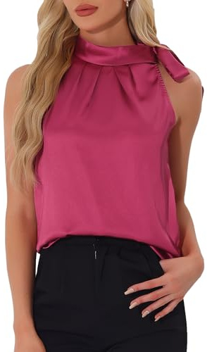 Allegra K Blusa Elegante de Satén Mujer Camisas sin Mangas con Lazo Y Cuello de Pajarita Chaleco Elegante Rosa Caliente L