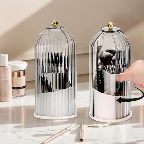 Primst Makeup Brush Organizer, Rotating Makeup Brushes Storage with Lid, Cosmetic Tools Organizer for Vanity Desktop Bathroom Countertop (Black)