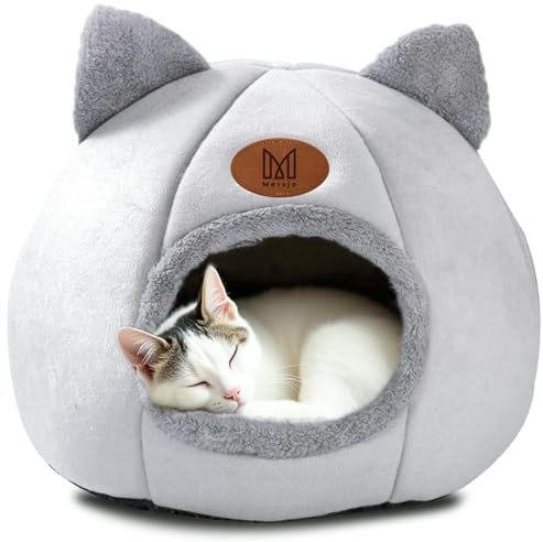 MERSJO Katzenhöhle mit Ohren, Plüsch-Katzenbett, Grau-Weiß, rutschfeste Unterseite