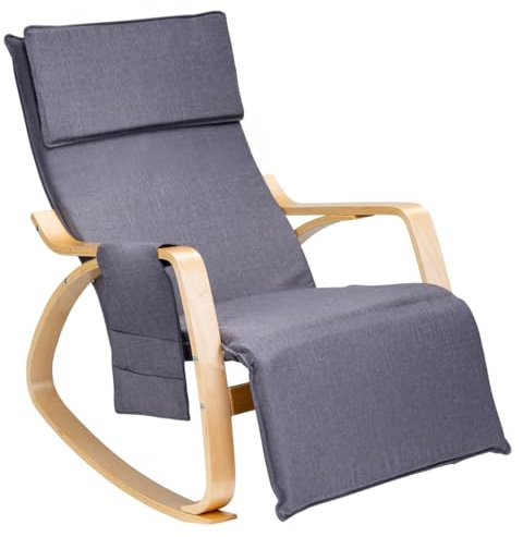 Gremium Poltrona Dondolo Con Seduta Ergonomica In Tessuto, Doppio Cuscino Imbottito, Struttura Allungabile In Legno Con Braccioli E Poggiapiedi Regolabile In 3 Posizioni