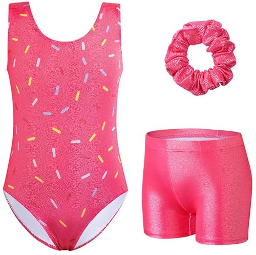 XiaoMoSha Girls Three-Piece Gymnastics Set Sleeveless Girls Leotards with Shorts and Hairband Sparkly Glitter Gradient Color Dance Ballet Unitards Gymnastics Outfits, Rosered, 9-10 Years