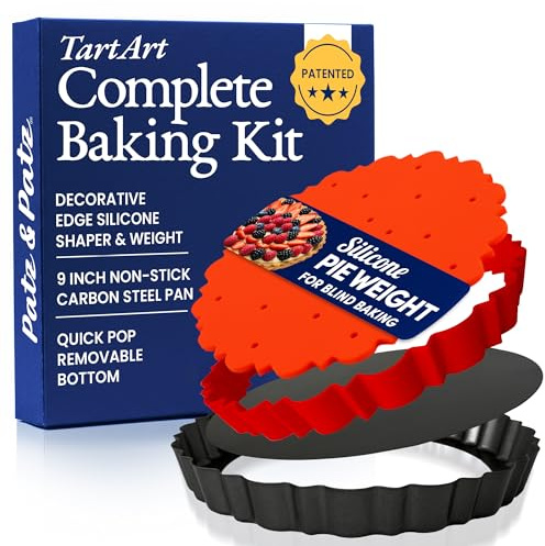 Patz&Patz All-in-One Fluted Tart Pan 9 Inch Removable Bottom Set with Patented Silicone Crust Shaper & Pie Weight | Nonstick Carbon Steel Quiche Baking Dish & Tart Molds for Baking - PFOA & PTFE-Free