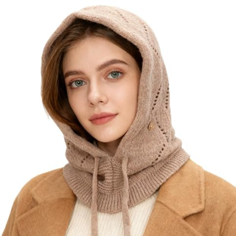 AYPOW Femme Bonnets et Écharpes Tricotés d'hiver, 2 en 1 Chaude Coupe-Vent Réglable Cagoule avec Écharpe à Capuche, Élastiques Chapeaux Masque en Laine pour Sports de Plein Air Courses Quotidiennes