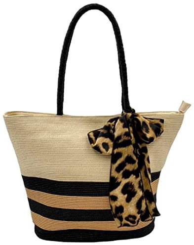 Julesmar Shopper Leo // Strandtasche mit Reißverschluss - Strohtasche im Leopardenmuster, Einkaufstasche // Leopard Animal Print - Beach Bag XL
