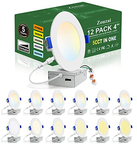 zouzai 12 Pack 4 Inch 5CCT Ultra-Thin LED Recessed Ceiling Light with Junction Box, 2700K/3000K/3500K/4000K/5000K Selectable, 9W Eqv 80W, Dimmable, led can Lights - ETL and Energy Star Certified