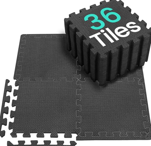 Bodenschutzmatte Fitness Set [31x31cm] - 36 Puzzlematte Sport, Sportmatte Fitnessmatte rutschfest, Bodenmatte für Fitnessraum&Fitnessgerät, Fallschutzmatten Outdoor&Pool Unterlegmatte, Schwarz