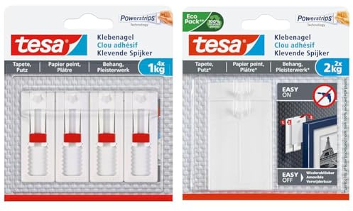 tesa Verstellbarer Klebenagel (für Tapeten und Putz 1 kg, Höhenverstellbarer) 4er Pack & Klebenagel für Tapeten und Putz/Selbstklebende Nägel für empfindliche Oberflächen / 2 x 2kg Halteleistung