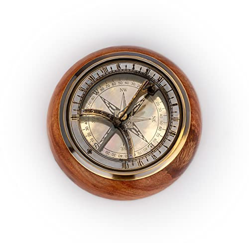 NKlaus Sonnenuhr-Kompass aus Messing antik auf Holzsockel 11cm Taschenkompass maritim 11678