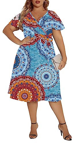 Damen Plus Size Kurze Kleider Tiefer V-Ausschnitt Wrap Afrikanisches Kleid Flowy 3/4 Ärmel Cocktail Party Kleider mit Gürtel, Blauer Kreis, Large Mehr