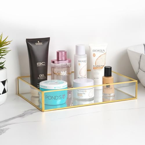 Winter Shore Deko Tablett Rechteckig - Spiegel Tablett Gold aus Glas mit Rutschfester Unterseite - Schmucktablett Schlafzimmer & Bad Tablett Deko für Kosmetika - 30,5 x 20,5 x 5,5 cm