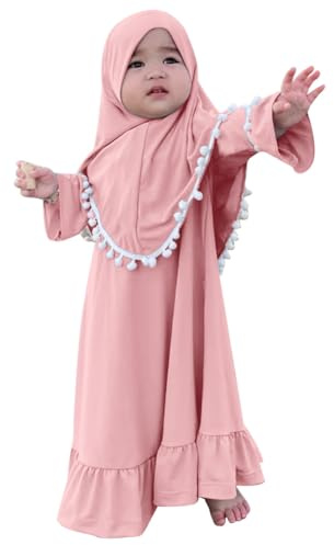 IWEMEK Muslim Baby Girl Prayer Islamic Dress Abaya with Khimar Set Eid Ramadan Outfits Flared Sleeve Maxi Long Kaftan Hijab Arab Dubai Turkish Saudi Traditional Clothes Pink Tassel 6-12 Months