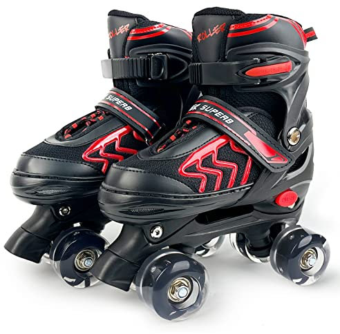 Rollschuhe für Kinder mit Leuchtenden Rädern für Mädchen und Jungen, Größen verstellbare Atmungsaktiv Quad Skates Verstellbare (Rote, S)