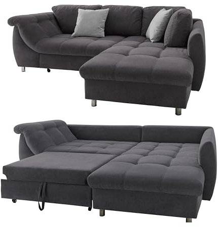 Ecksofa mit Schlaffunktion und Bettkasten B250/T190/H84 cm, Wellenunterfederung und Komfortschaum, Longchair Ottomane rechts, Bezug Mikrofaser in Anthrazit, 2 Zierkissen Grau / 17005