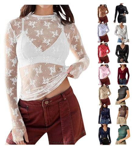 Haut Transparent en Dentelle à Manches Longues pour Femme Top Femme Chic et Élégant Slim Fit Tee Shirt à Col Montant pour Femme Top Dentelle Blanc Femme L Cadeau Femme,f26