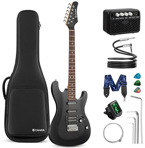 CAHAYA Electric Guitar Kit - 10W Amplifier- Full Size 39 Inch Solid Wood Guitar with HSS Pickup Package with Gig Bag, Strape and Tuner Fit Beginner(Black)