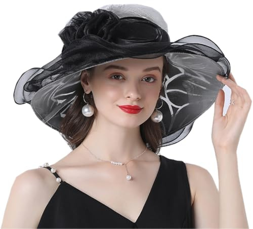 OhMill Elegante cappello da sole da donna in organza, a tesa larga, decorato con fiori, da viaggio, da spiaggia, per matrimoni, cocktail, Nero , Taglia unica