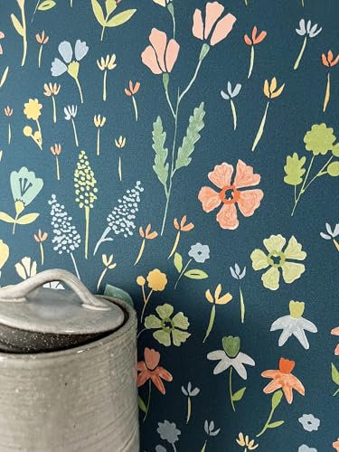 Newroom Tapete Dunkelblau Vliestapete Blumen - Blumentapete Floral Blau Bunt Blüten Blätter Blumenmuster Kinder Kindertapete Babytapete inkl. Tapezier-Ratgeber