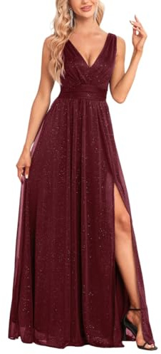 ORANDESIGNE Vestito da Sera Elegante Donna Lungo Vestiti Paillettes in Tulle Chiffon Abito Damigella d'Onore Vita Alta Formale Maxi Abiti da Cerimonia Linea ad A Stile Impero B Borgogna XL