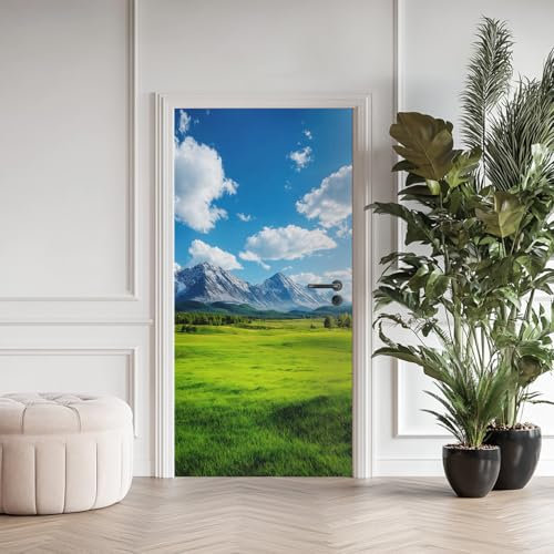 Adesivo da parete con paesaggio naturale, da montagna innevata, adesivi per porta da parete, decorazione per poster da parete, prato, adesivi per porta impermeabile, in vinile, 90 x 200 cm