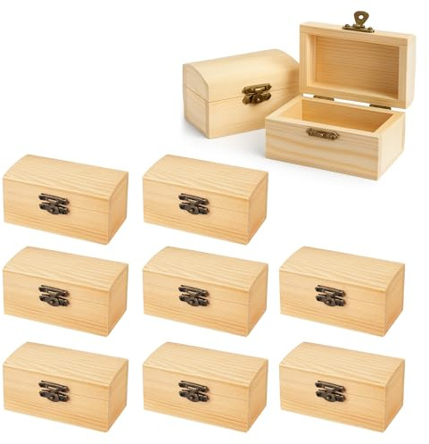 Lifegogo 10Pcs Small Wooden Box for Craft: Treasure Chest Unfinished Wood Boxes with Lid and Metal Locking Clasp for DIY Projects Painting Arts and Crafts Home Decor (9×5.5×5cm)