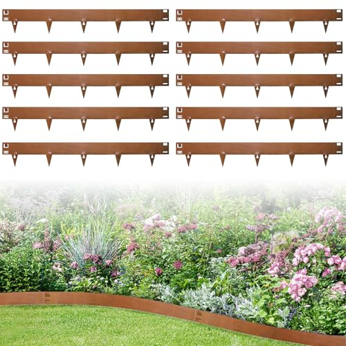 Sararoom Bordure de Jardin en Acier - Lot de 10 Bordure de Pelouse en Métal, Bordures Paysagères Flexible | Hauteur 20cm, Bordure de Gazon en Rouille pour Séparateur de Chemin de Cour, Pelouse, Arbre