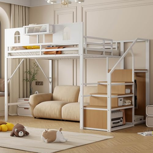 YEHTOKHOME Lit Mezzanine Multifonctionnel 140x200 cm avec Espace de Rangement,escalier et étagères,Moderne lit en métal avec fenêtres,Tissu en Maille et Garde-Corps(sans Matelas) (Blanc)