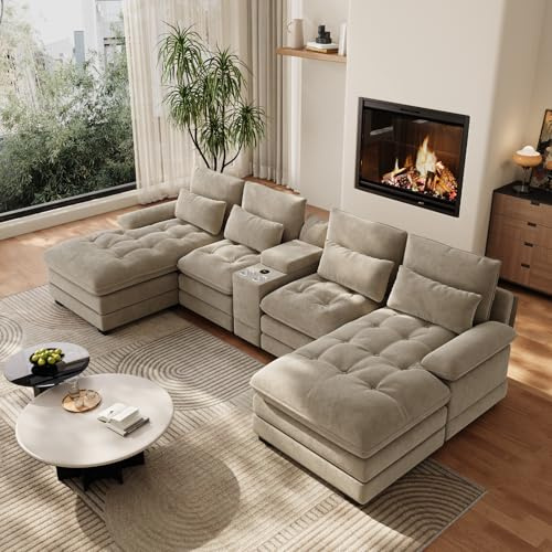 BEQAI 134U Shaped Sectional Couches for Living Room,Oversized Modular Sectional Fluffy Couch with Chaise Lounge & Tufted Buttons,Modern Chenille 6 Seat Living Room Sofa Set with Storage Console,Camel
