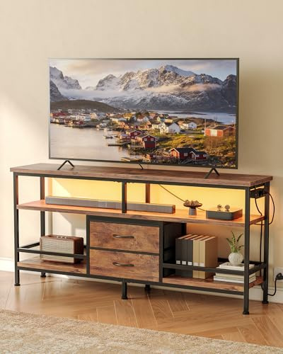 CO-Z TV-bänk 140×30×60 cm, multimediaenhet för 43–65” TV-apparater med LED-belysning och avtagbar laddningsstation, modern TV-bänk med öppna hyllor och tyglådor, brun