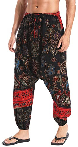 AITFINEISM Herrbyxor Med Dragsko Lässige Hippie Harem Byxor Löst Drop Crotch Byxor (M, Stil Röd)