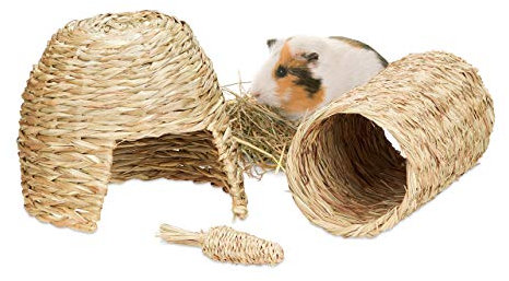 Relaxdays Kleintier Zubehör Set 3 TLG., Grashaus, Tunnel & Stroh Karotte, Käfigzubehör Kaninchen, Meerschweinchen, Natur