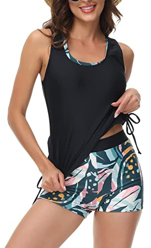 Plus SizeTankini Swimsuits for Women 3 Piece Tummy Control Floral Print Tank Top with Boyshorts Summer Swimming Suits 2XL Green