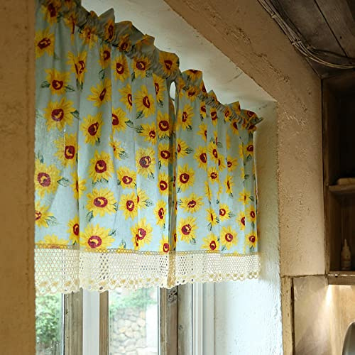 A.Monamour Tenda Corta per Finestra Piccola 2 Pannelli Cotone Lino Motivo Girasoli Giallo Blu con Pizzo Tendina Tenda da Cucina Bistrot Caffè Mezza Tenda Mantovana Tenda a Vetro Tenda Porta Armadio