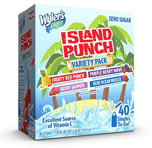 Wyler's Light Island Punch, Singles to Go Variety Pack, Fruity Red Punch, Purple Berry Wave, Berry Jammer and Blue Ocean Breeze, 40 Total Sticks