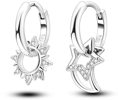 NARMO 925 Sterling Silver Hoop Earrings Star&Moon Hoop Earrings for Women Sun Earrings