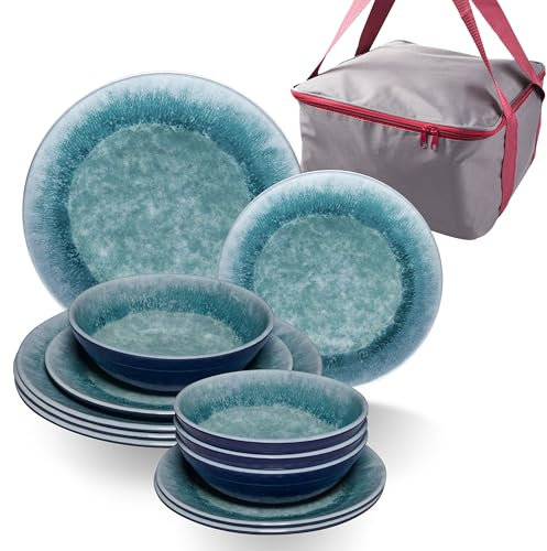 Melamin Camping Geschirr Set für 4 Personen - 13 Teile - blau - mit Aufbewahrungstasche - Campinggeschirr