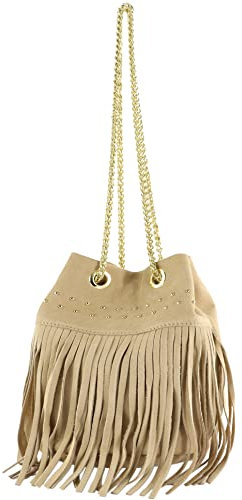 modamoda de T244 Damen Schultertasche Wildleder mit Fransen und Goldkette handmade in Italy, Farbe:Beige