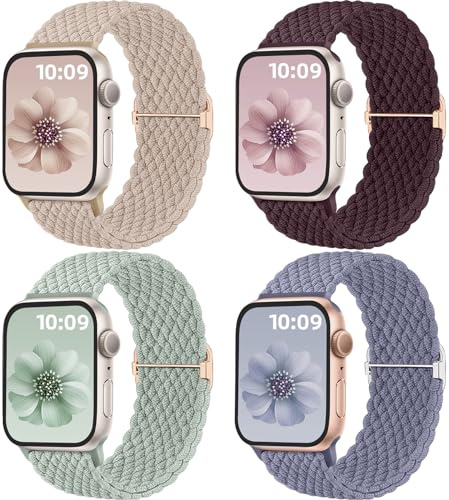 Mastten 4-pack Solo Loop flätade remmar kompatibla med Apple Watch-remmar 40 mm 41 mm 38 mm 42 mm 44 mm 45 mm 46 mm 49 mm kvinnor män, stretchig rem elastiskt sportband för iWatch SE 10 9 8 7 6 5 4 3