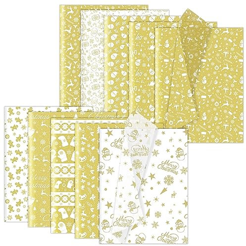Larcenciel Weihnachten Seidenpapier, 100 Blatt Glitzer Gold Schneeflocken Seidenpapier Verpackungsmaterial für Geschenktüten und Füllmaterial, Multi-Stil Geschenkpapier für Urlaub, Neujahr, 50x35CM