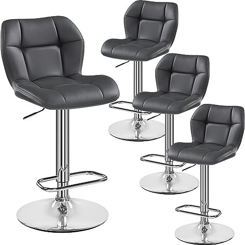Yaheetech Barhocker 4er Set Höhenverstellbar 360°Drehbar Barstühle Küchenstühle mit Rückenlehne und Fußstütze, Barstuhl PU-Kunstleder Sitzhöhe 62,5 cm - 84,5 cm für die Küche, Grau