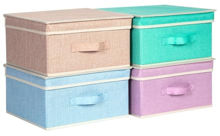 BrilliantJo Aufbewahrungsboxen mit Deckel, Faltbarer Aufbewahrungskorb für Kleidung mit Griff für Spielzeug, Bücher, Schrank, Schlafzimmer, Zuhause, 4-Regenbogenfarben-Set 33,5 x 31,75 x 17,5 cm