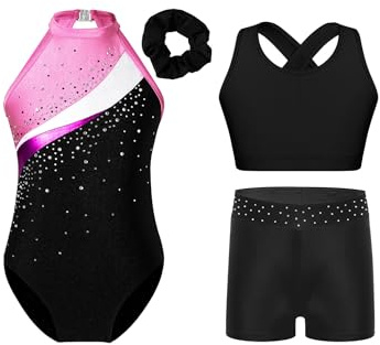MSemis Traje de Gimnasia Deportiva de 3 Piezas para Niñas Maillot de sin Mangas con Pedrería Brillante + Mallas de Gimnasia Rítmica Ropa de Danza