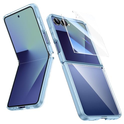 HWeggo Mobiltelefonfodral för Samsung Galaxy Z flipfodral, ultratunn silikon TPU original skyddsfodral Galaxy Z flipfodral med skyddsfolie stötsäkert fodral för Samsung Flip (blå ram)