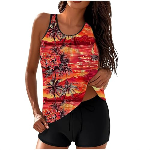 Generisch Tankini pour femme - Maillot de bain 2 pièces - Push Up - Imprimé - Loisirs - Haut avec taille haute - Short de bain - Mode plage - Élégant - Grandes tailles - Pour femme
