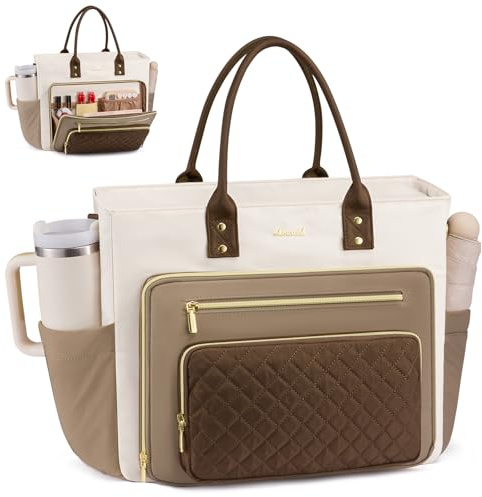 LOVEVOOK Teacher Tote Bag for Women Work, Laptop Bag With Large Cup Holder, Nurse Bags Professional Briefcase Business Computer Purses Handbag Gifts,Khaki-Beige-Coffee,15.6 Inch
