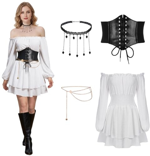 SKYYUE Robe Blanche Pirate Femme Robe Blanche Médiévale, Robes Renaissance Femme Courte, Costume de Pirate Femmes avec Ceinture Corset, Chaîne de Taille et Collier pour Halloween Carnaval Cosplay (M)