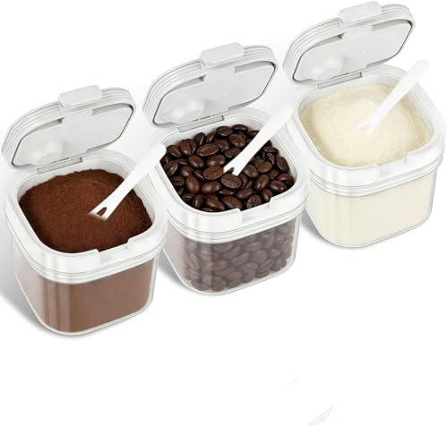 Sutowe Contenitore per zucchero 3 pezzi con cucchiaio, contenitore in plastica da 800 ml per caffè e alimenti secchi con coperchio ermetico, contenitore impilabile per farina, spezie, zucchero, sale
